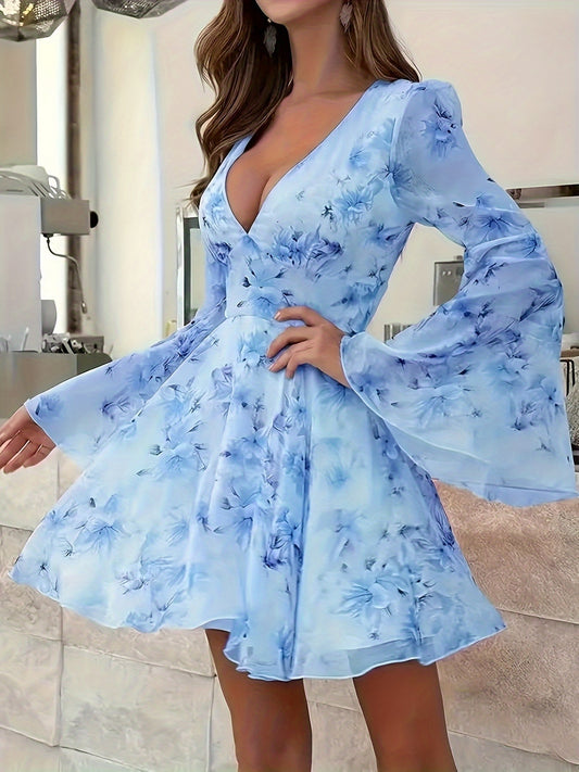 Robe d’été  en chiffon à imprimé – Taille cintrée, manches évasées, style sexy et tendance