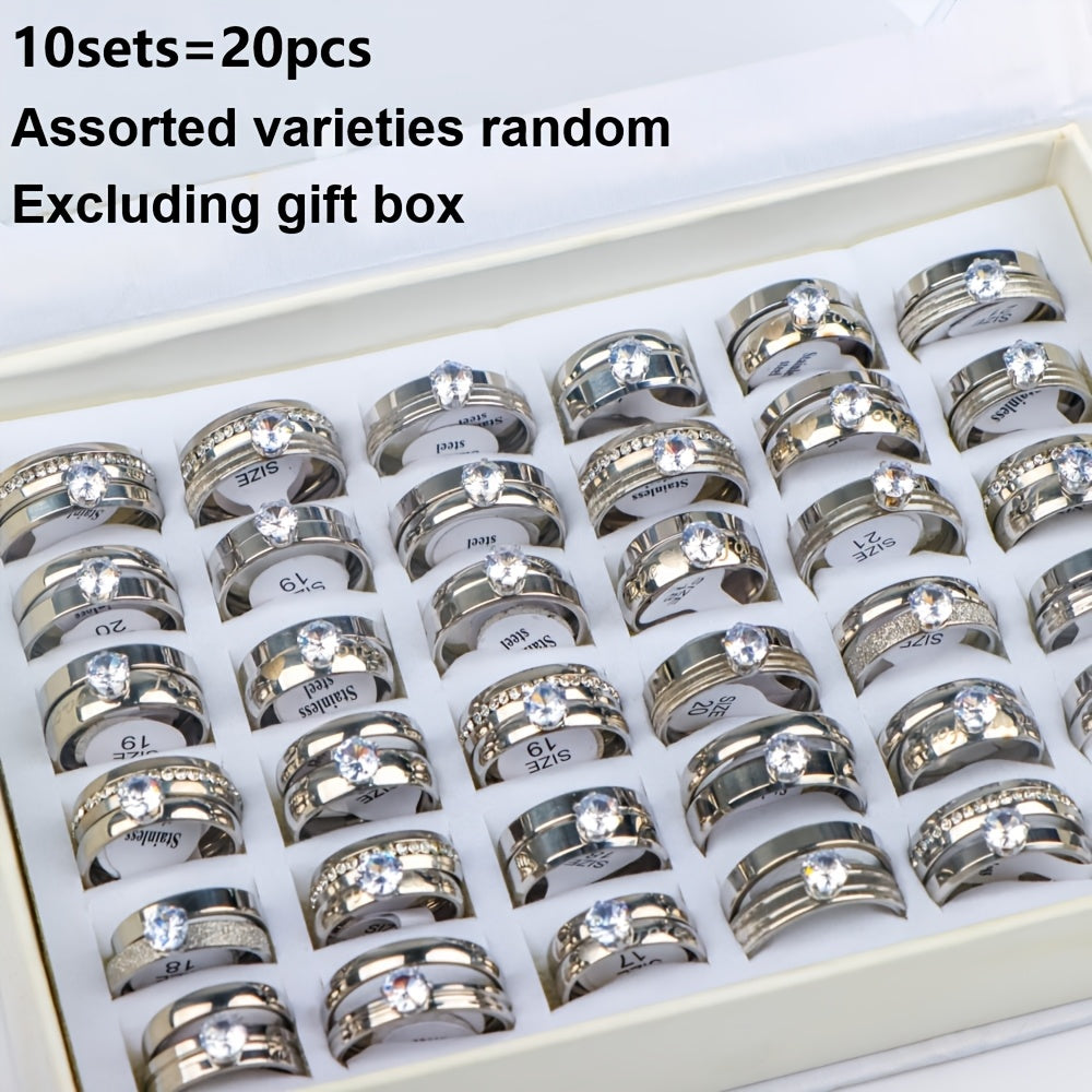 20 Pieces Classic Fashion Romantic, Eternal Love Synthetic Synthetic Zirconia Stainless Steel Rings, Women's and Men's Couple Wedding Ring Sets Jewelry, Proposal EngaSynthetic Gemstoneent Anniversary Valentine'