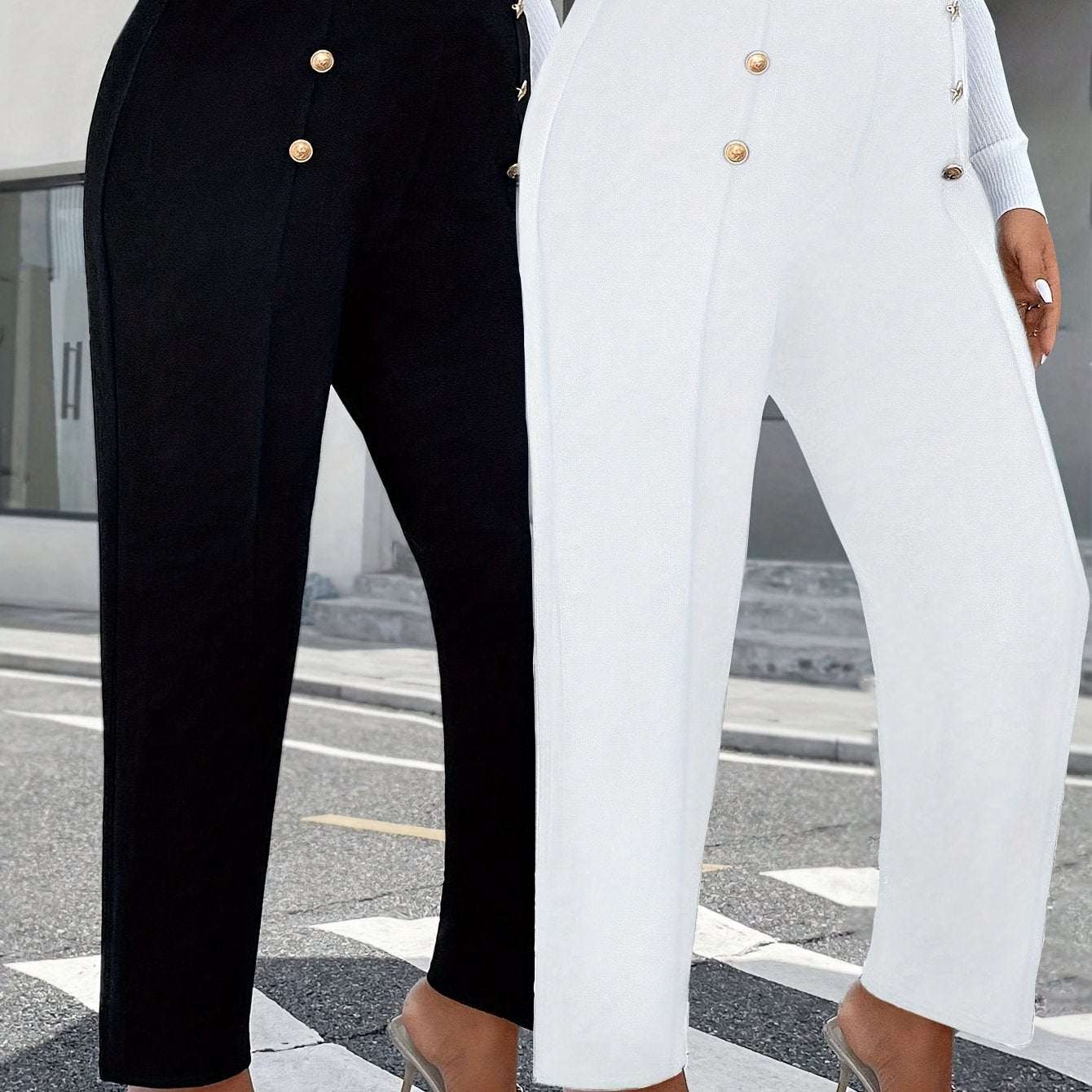 Lot de 2 Pantalons Femme Grande Taille – Taille Haute, Boutons, Jambe Droite, Noir