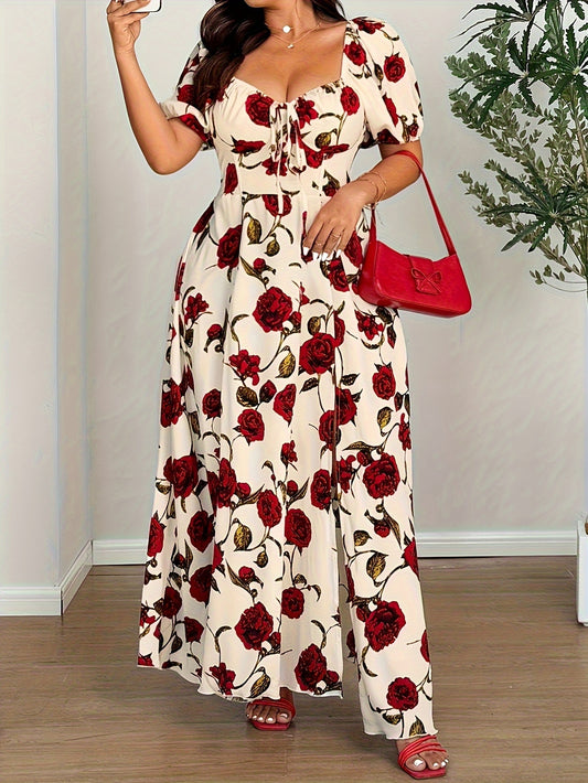 Robe d’été élégante grande taille femme – imprimé rose, épaules dénudées, fente sur le côté