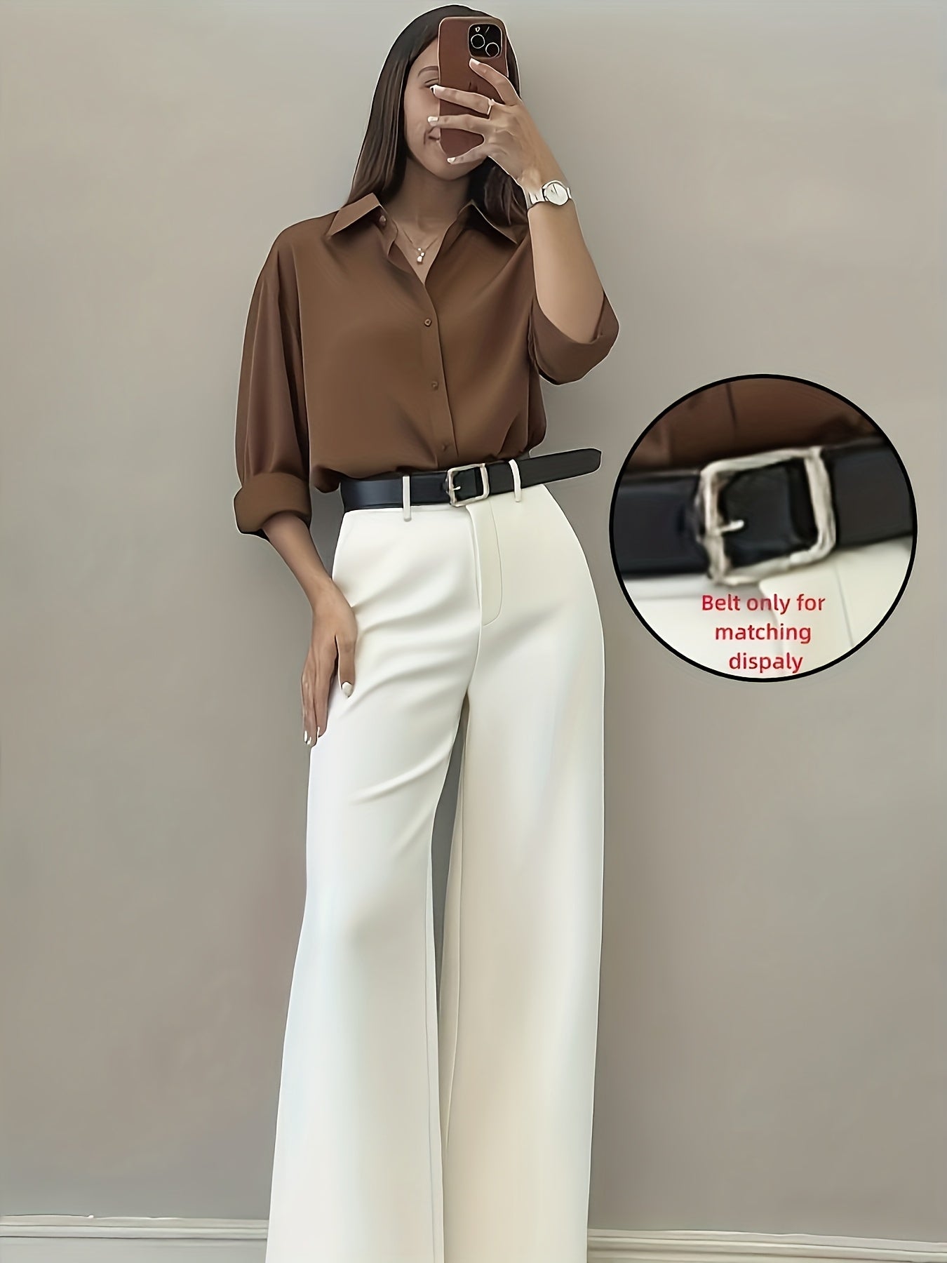 Pantalon Femme Élégant Jambe Large Effilée – Couleur Unie Marron/Noir, Poches, Bureau, Semi-Formel et Soirée, Printemps/Été/Automne