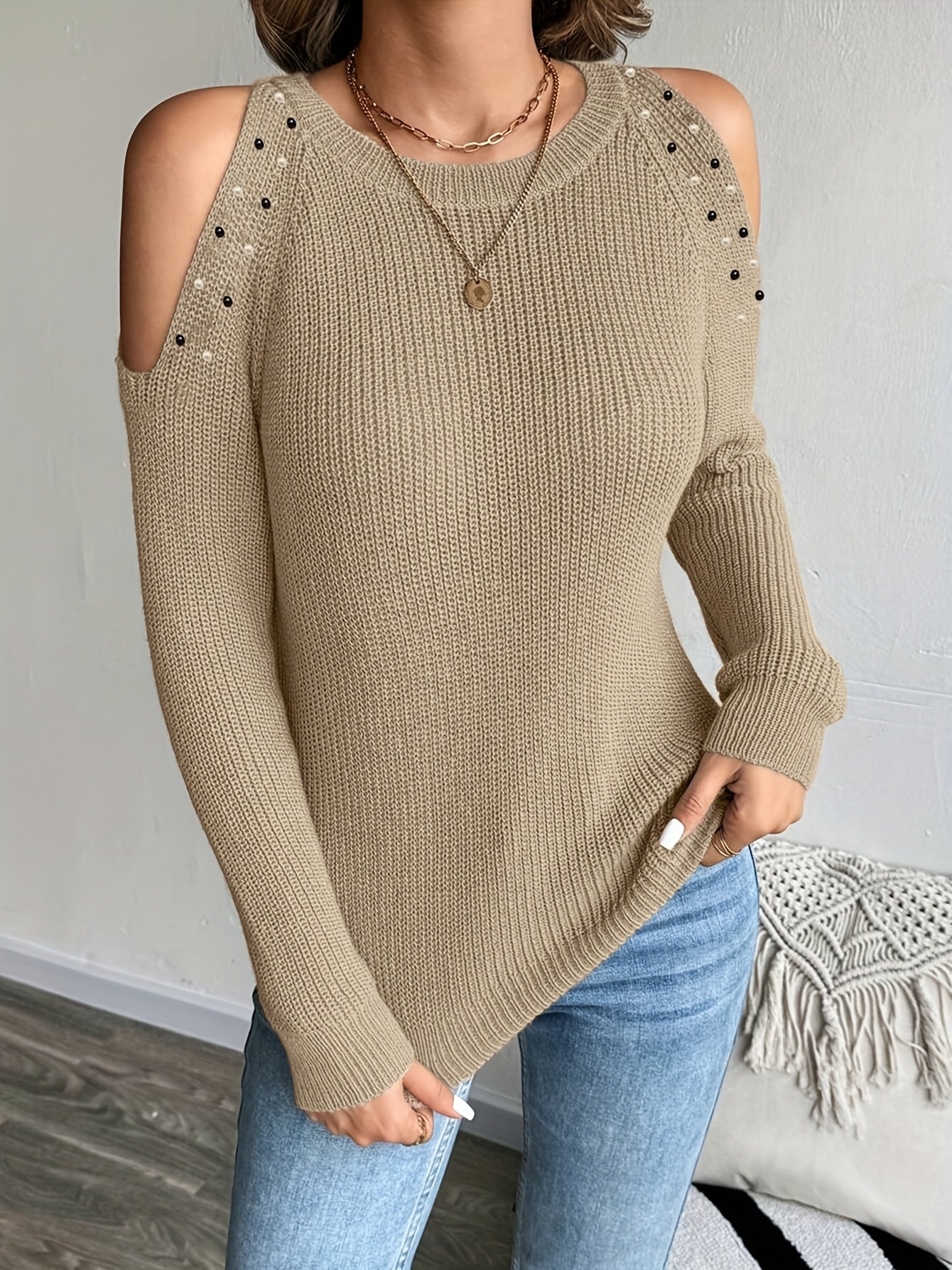 Pull élégant pour femmes, épaules dénudées, perlé, col rond, veste style gilet, beige, automne/hiver, lavable en machine