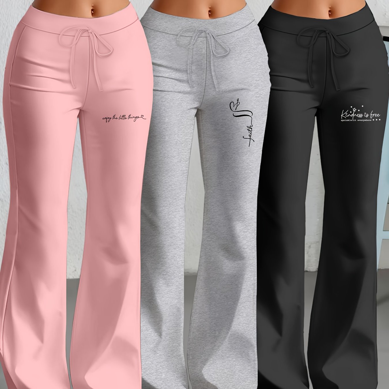 Lot de 3 Pantalons Femme Européens et Américains – Jambe Droite Évasée avec Texte Anglais Classique