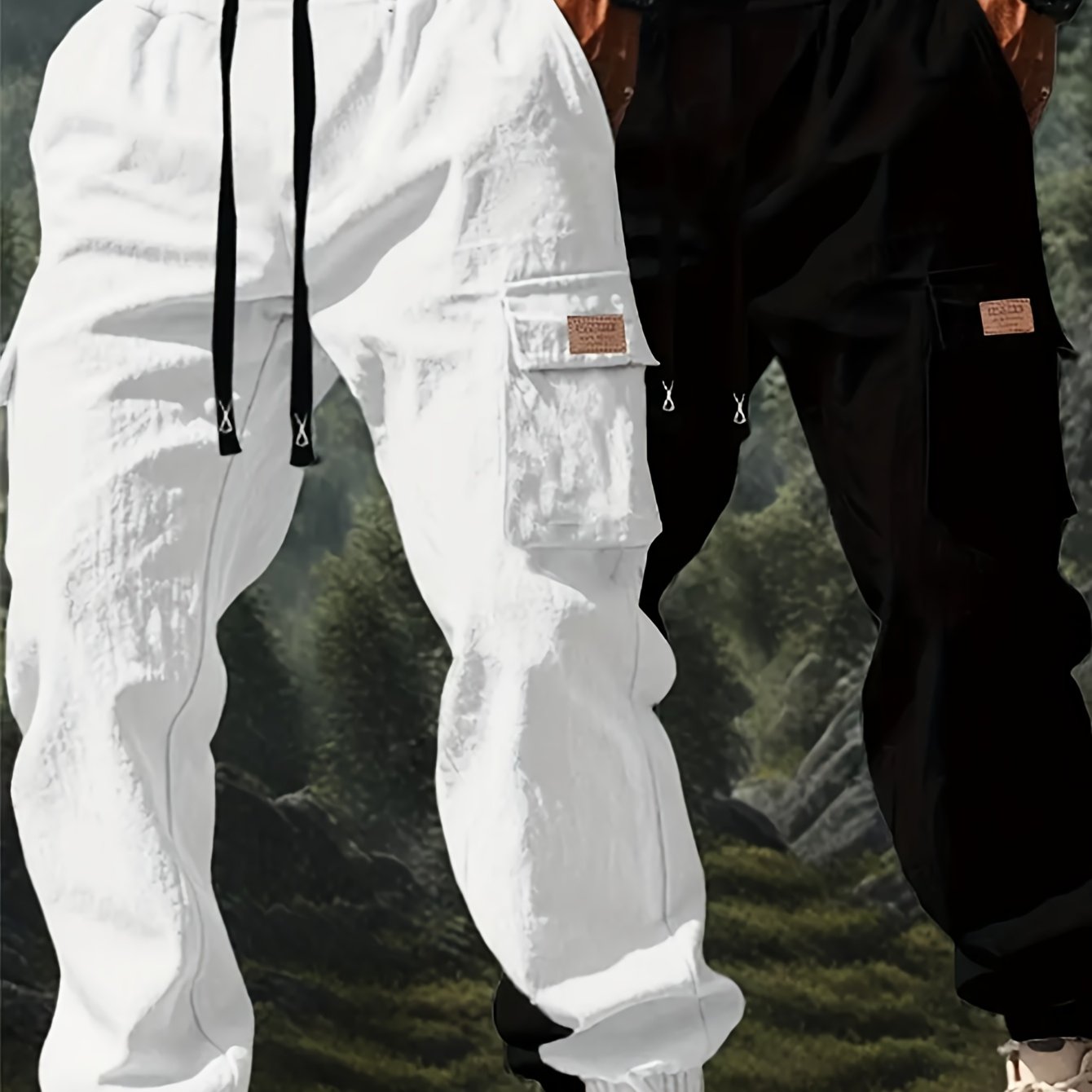 Pantalons de travail robustes pour homme (2 pièces) – cargos complets à multiples poches utilitaires, taille à cordon, coton non extensible, coupe ample (noir et vert olive)