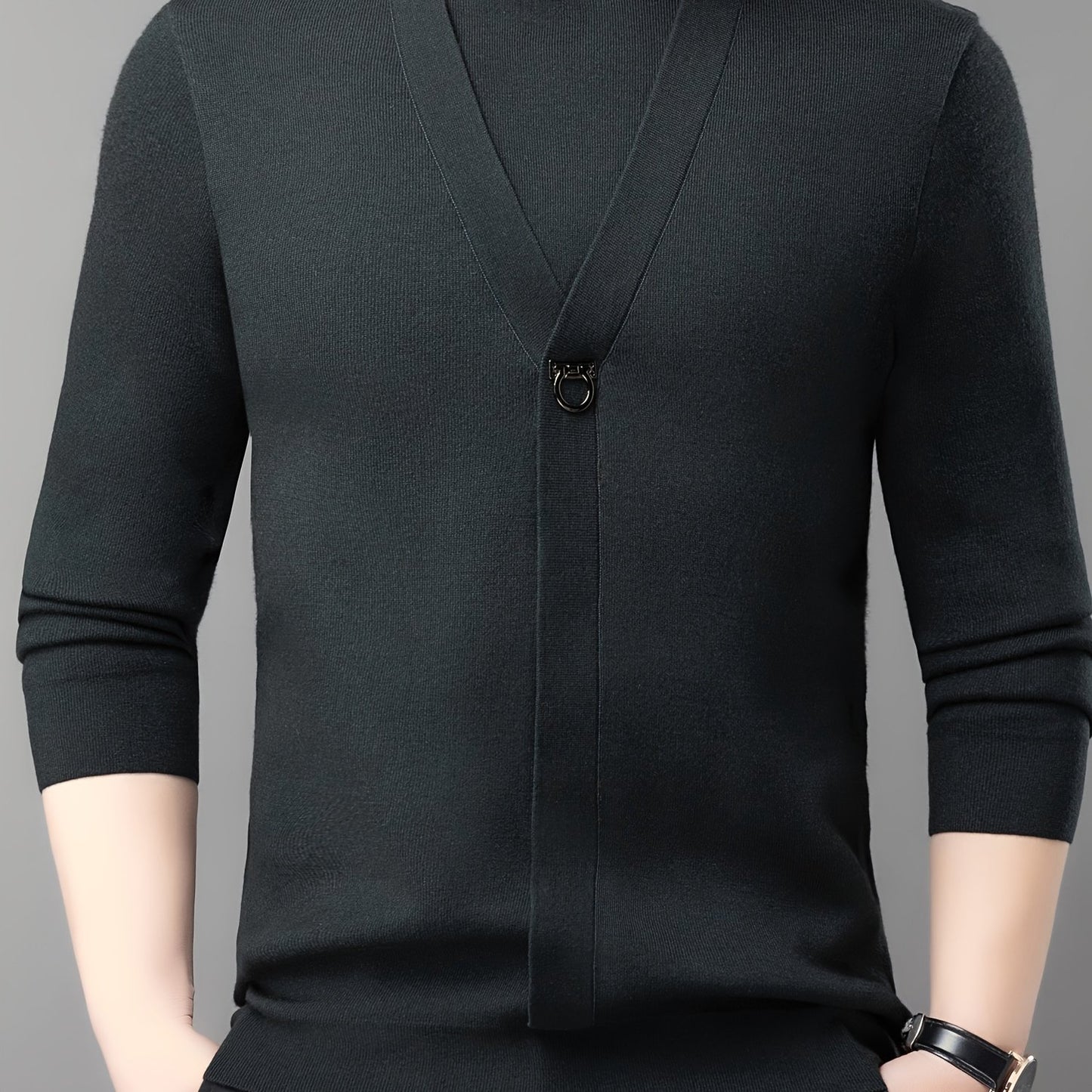 New Autumn And Winter Men'S Fashion: a Round-Neck Long-Sleeve Sweater That Looks Like a Two-Piece, Suitable for Business Casual Wear, Featuring a Faux Placket Design, Knit