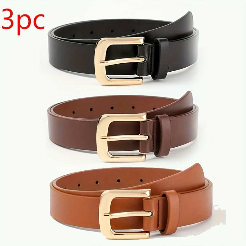Lot de 3 ceintures larges pour femmes – Boucle à ardillon carrée, boucles en alliage réglables, noir/marron/blanc, tailles grande et standard, polyvalentes pour tenue décontractée