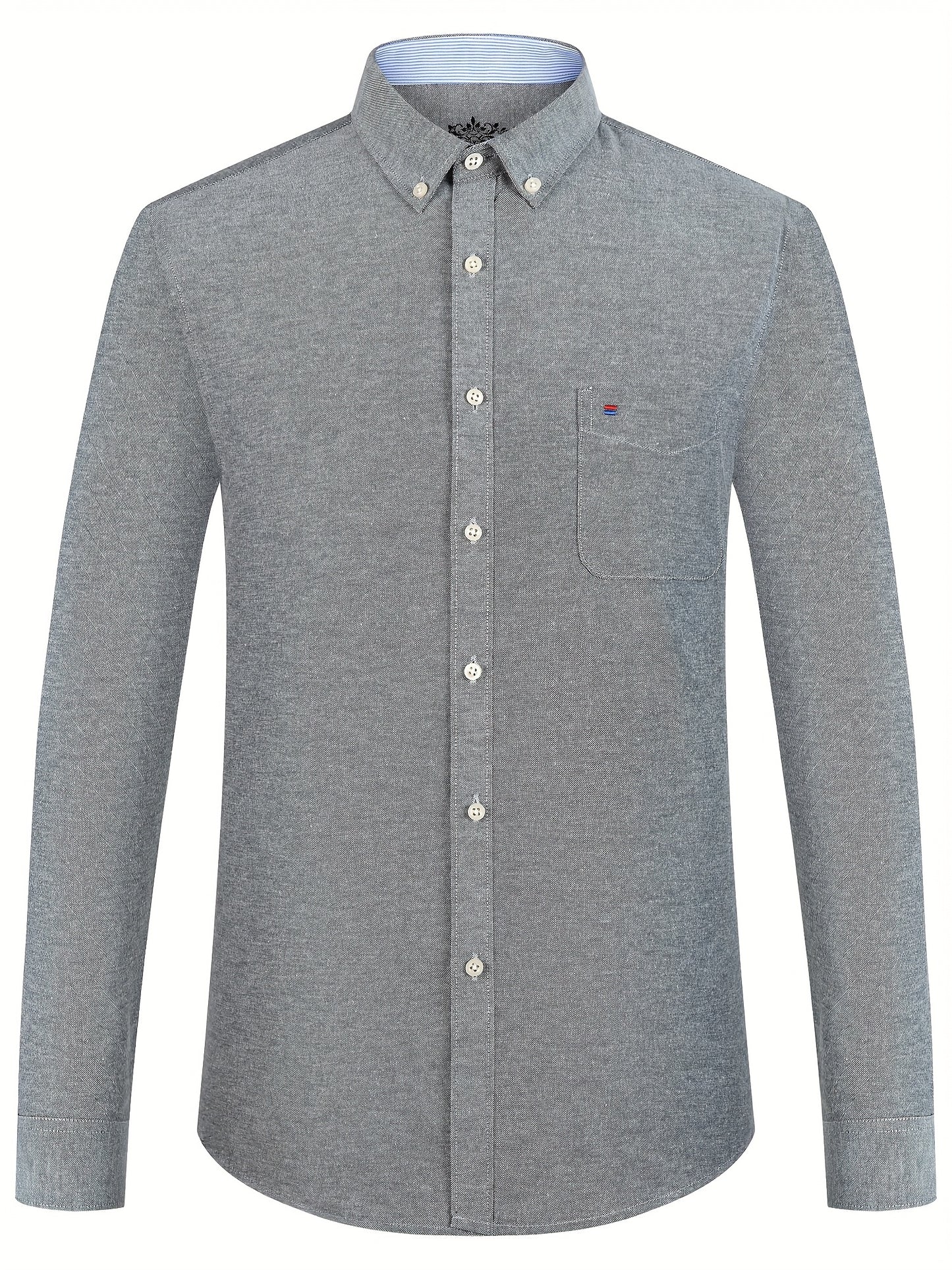 Men'S Cotton Blend Dress Shirt, Casual Lapel Collar, Non-Stretch Solid Color, Regular Long Sleeve, Embroidered Single Breasted Placket, Regular Fit, for Spring/Fall - Woven Oxford Fabric