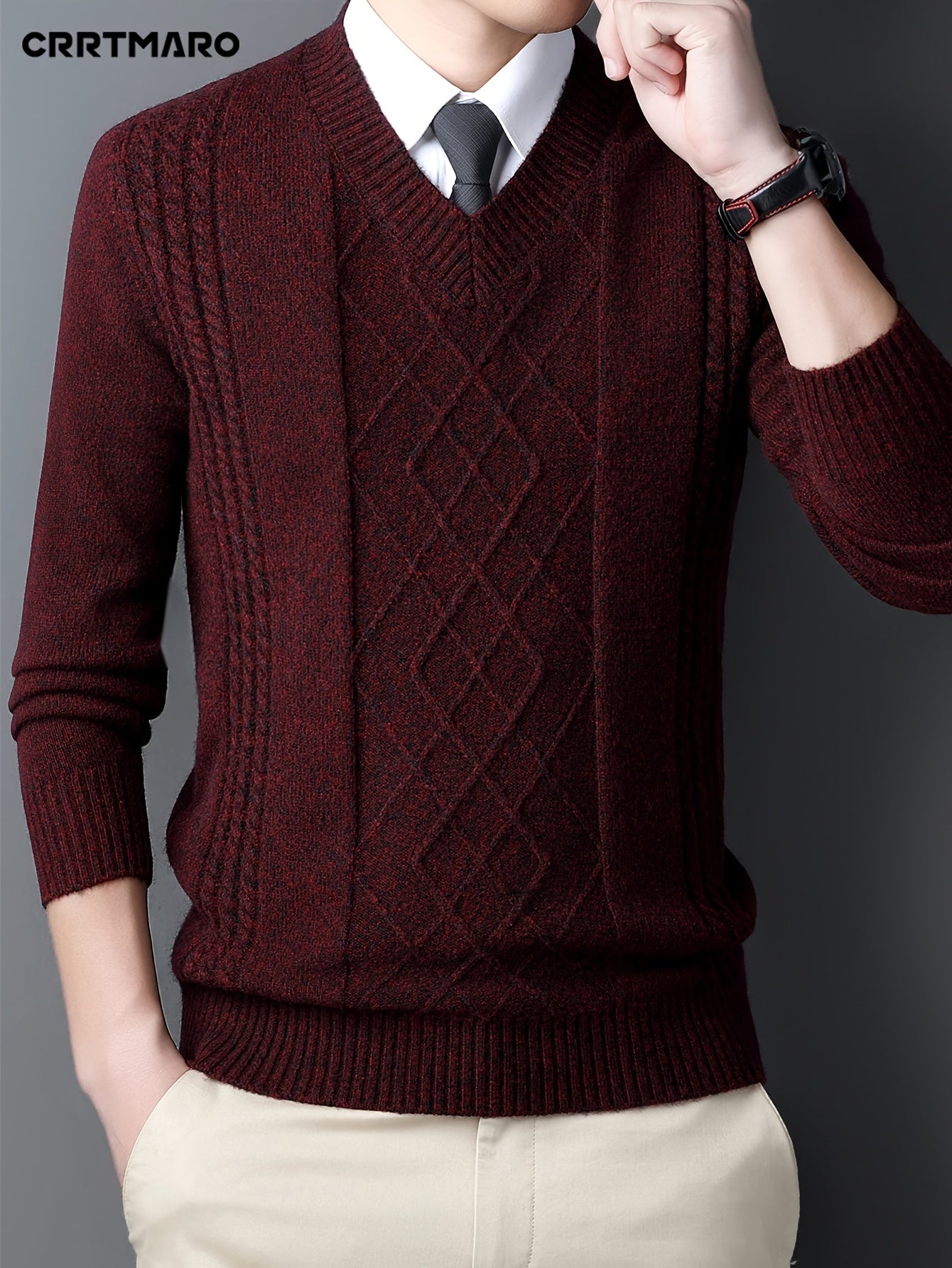 New Men's Knit Sweater with Twisted Floral V-Neck Long Sleeve Casual Top