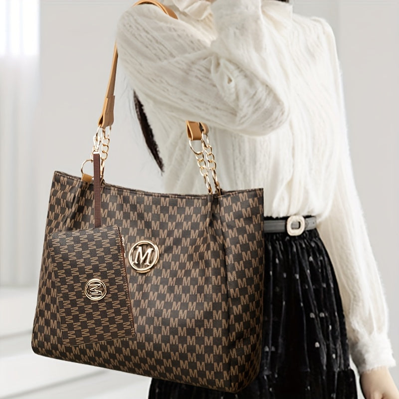 Set Sac Cabas et Portefeuille Femme– Sac à Main à Motif Lettre avec Logo Doré « M », Bandoulière Fixe, Idéal pour Déplacements Quotidiens, Travail, Rangement, Pochette à Rouge à Lèvres, Portefeuille, Sac de Shopping, Grande Capacité, Sac de Voyage