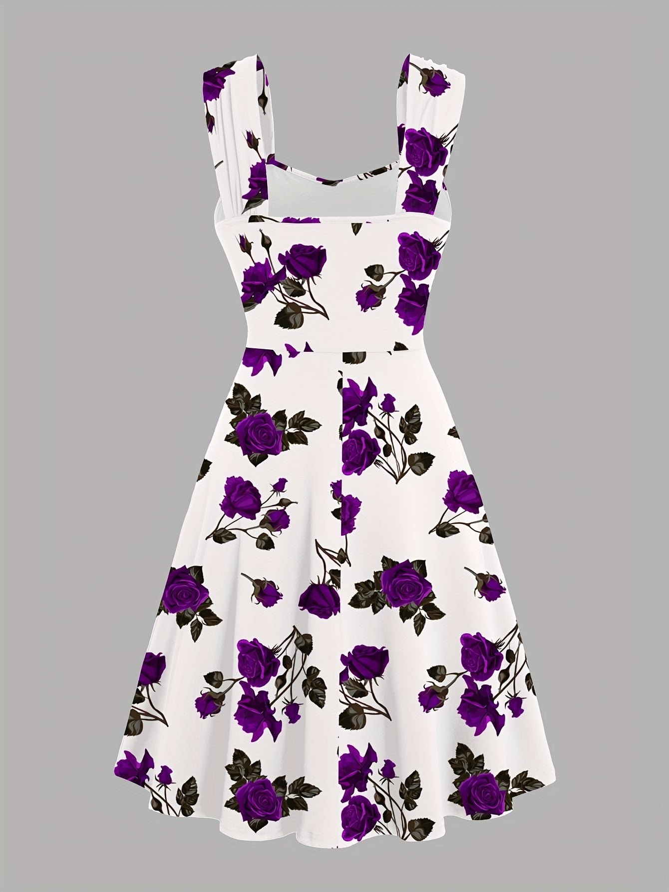 Robe élégante décontractée pour femme, imprimée de roses, plissée sur le devant, à larges bretelles croisées et épaules dénudées