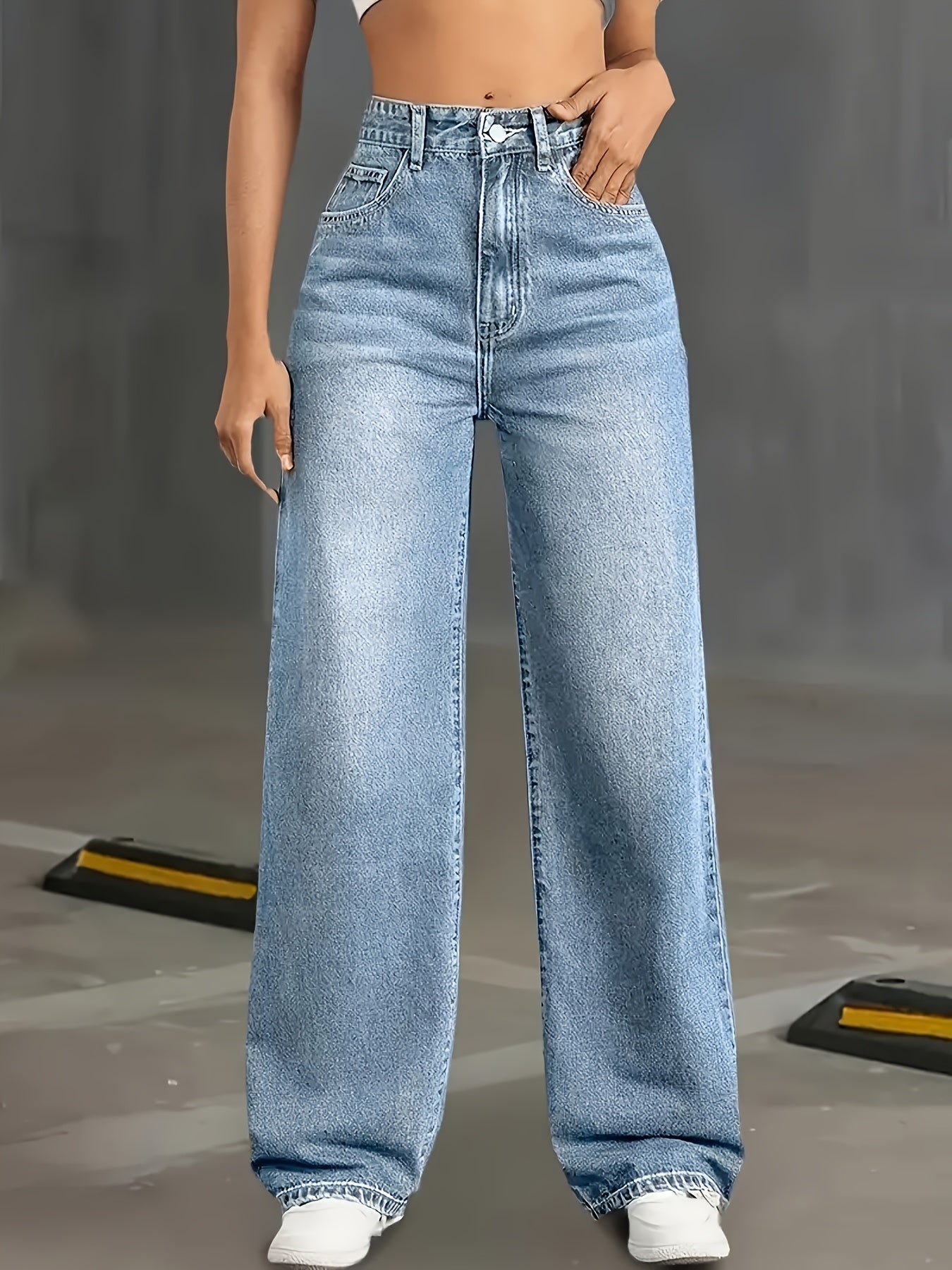 Jeans Femme Grande Taille Jambe Large Blanc Effet Usé Boutons Taille avec Poches Toute Saison Décontracté et Chic