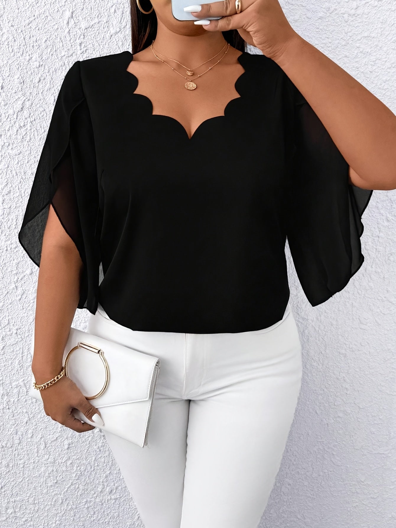 Blouse Femme Grande Taille Élégante – Manches Mi-Longues, Col Classique, Tissu Non Extensible, Tous Saisons