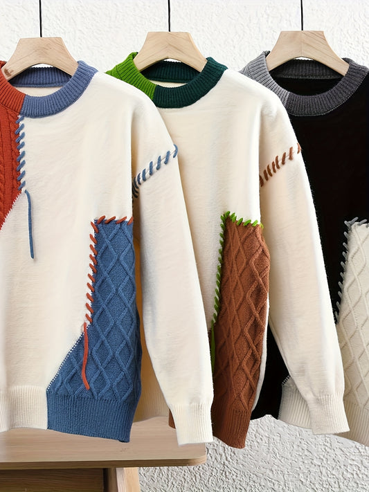 Men'S Korean Style Round Neck Sweater, Youth Fashion Patchwork Ribbed Thickened Warm Knit Shirt, Autumn and Winter New Color Block Casual Base Layer 668