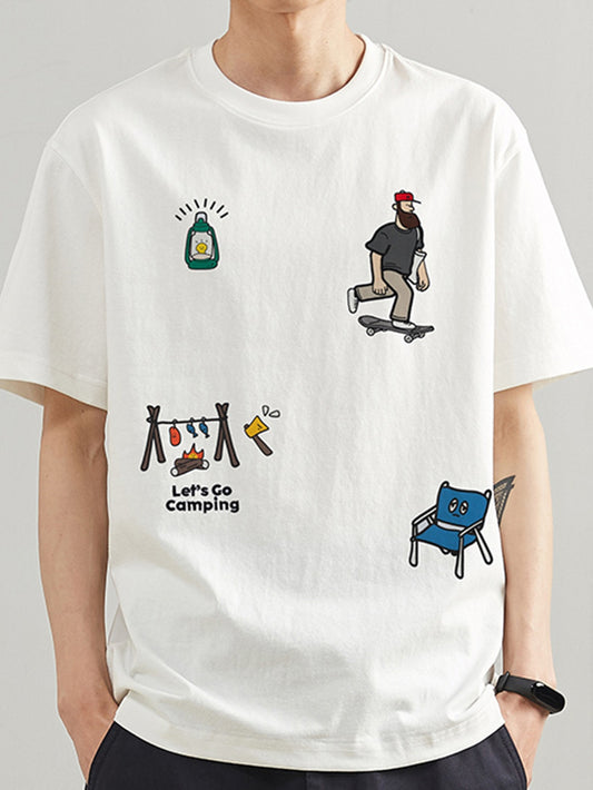 Men'S Vintage Americana Graphic T-Shirt - Heavyweight 180gsm Cotton Tee with Camping Icons - White Retro Shirt for Outdoor Activities & Everyday Casual Wear - Couple'S Matching Outfits - Breathable Summer Top, Camping Gear, C