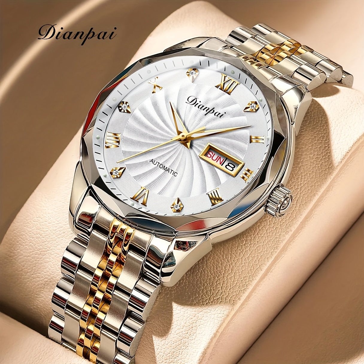 Men'S Business Automatic Mechanical Watch with Stainless Steel Strap, Week Calendar Display & Night Light - Self-Winding Mechanical Movement, Without Battery