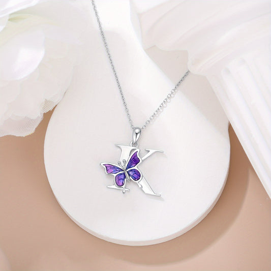 Collier initiale pour femme en argent sterling 925, pendentif papillon violet avec lettres A-Z