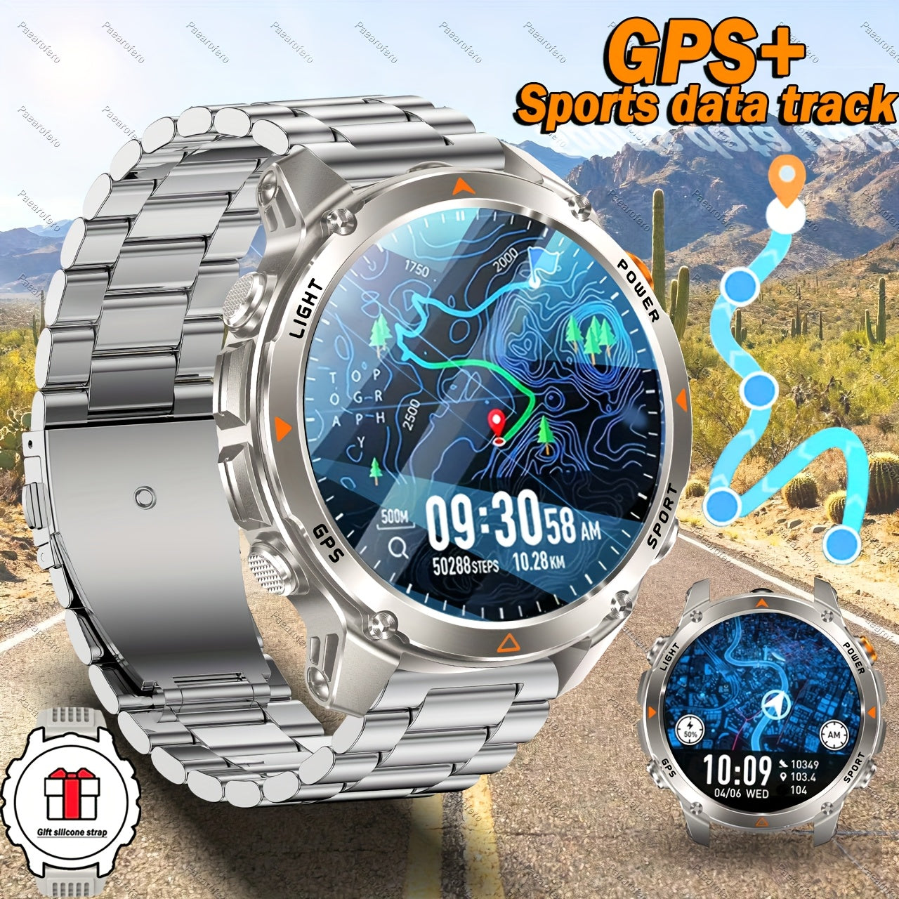 2025 new GPS smartwatch with flashlight, full touch screen, wireless calling, music playback, for iPhone/Android, equipped with GPS, compass, altimeter, barometer, calendar, calculator, calorie pedometer, fitness tracker, swi