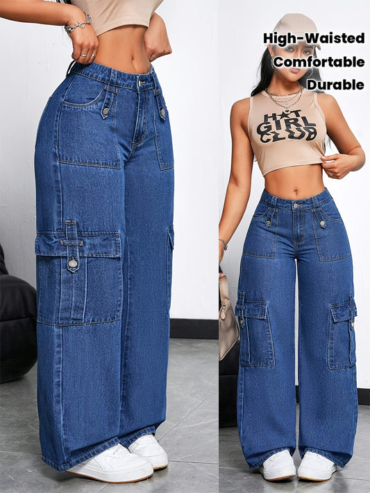 Jeans Cargo Femme Taille Haute – Denim Extensible Bleu Foncé, Jambe Droite avec Multiples Poches