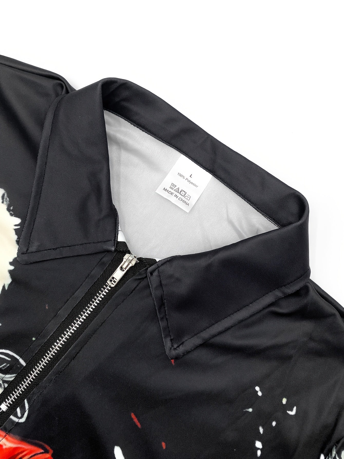 Men's Christmas Santa Rockstar Guitar Print Long Sleeve Knit Shirt - Black & Red Festive Holiday Party Wear, Machine Washable Polyester with Metal Chain Accents, Regular Fit for Autumn Winter Casual Gatherings, Christmas Outf