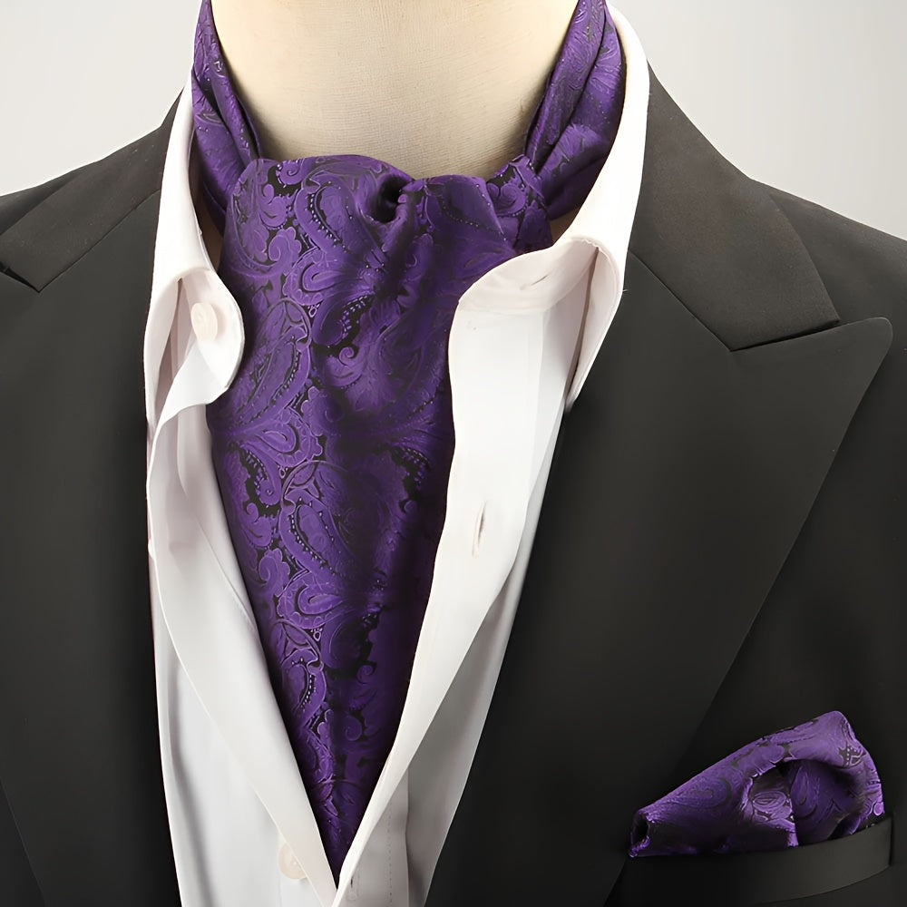 2pcs Ascot Homme – Écharpe et Pochette Style Rétro Britannique pour Mariages et Événements, Motifs Pois/Paisley/Fleur