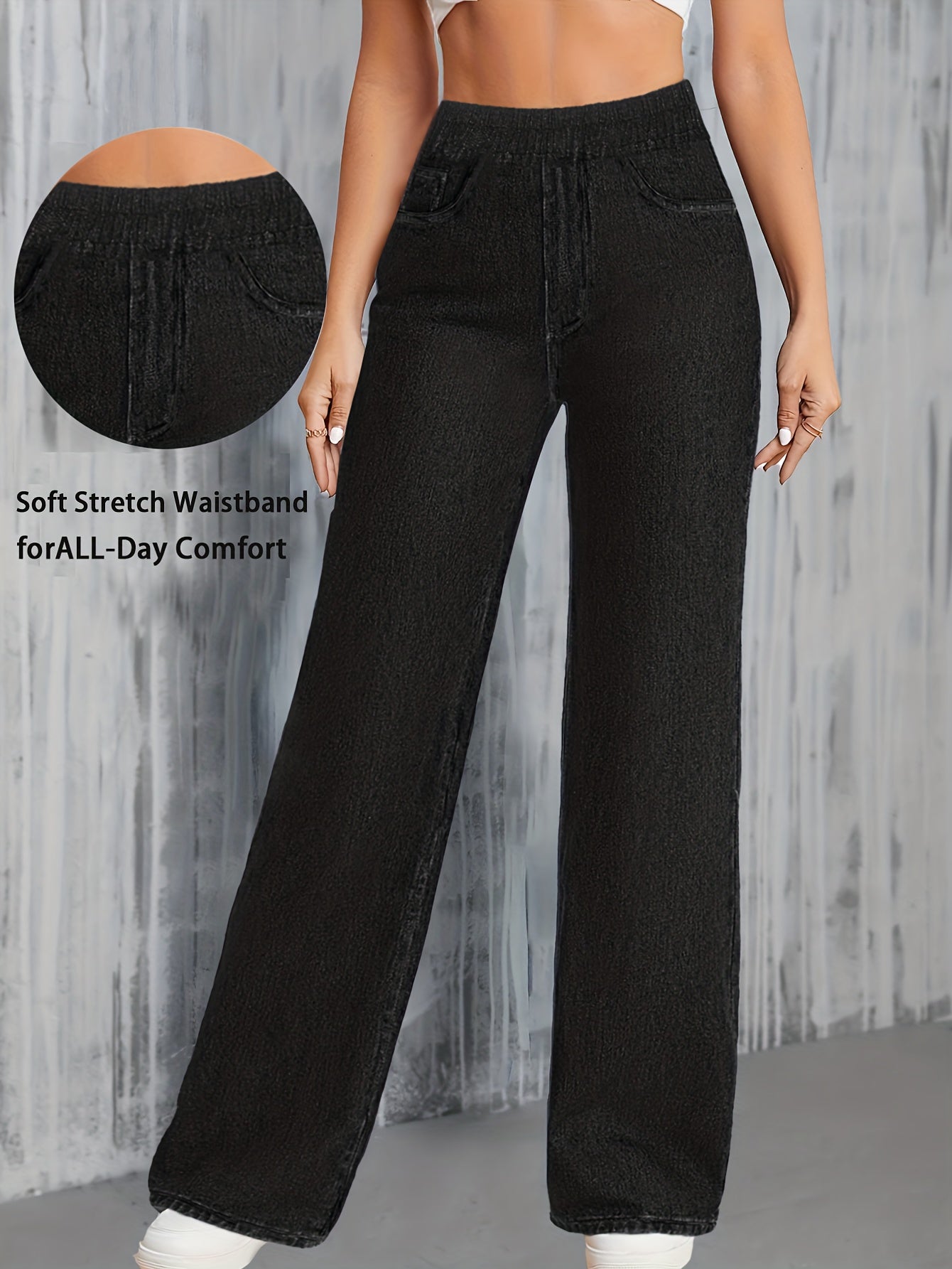 Jeans Femme Taille Haute Jambe Large Extensible Élégant Jambe Droite Poches Ceinture Denim Effet Lavé Toute Saison Décontracté Bureau Voyage