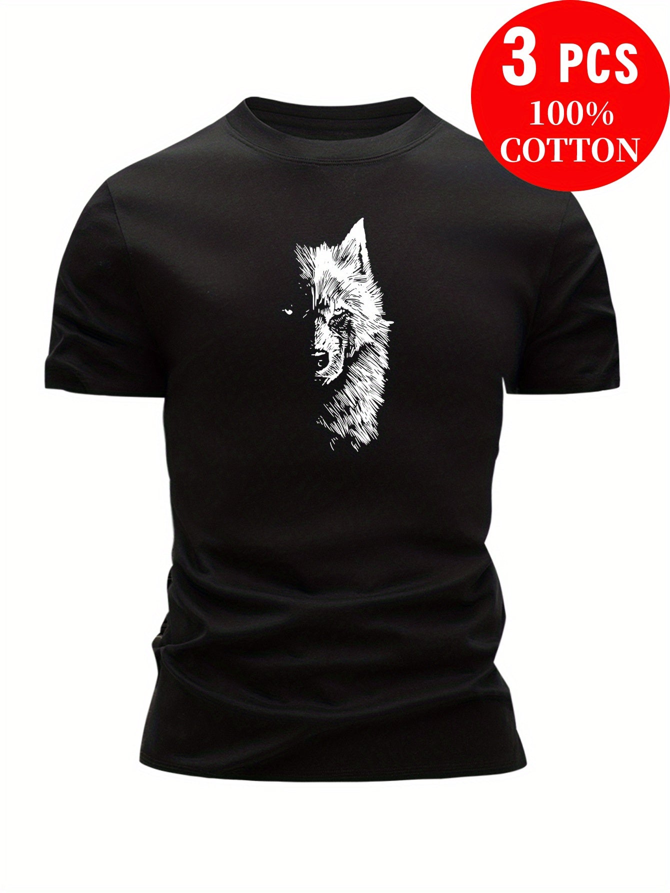 3pcs 100% Cotton T-Shirts with Wolf Graphic, Casual Crew Neck in Multiple Colors for Men