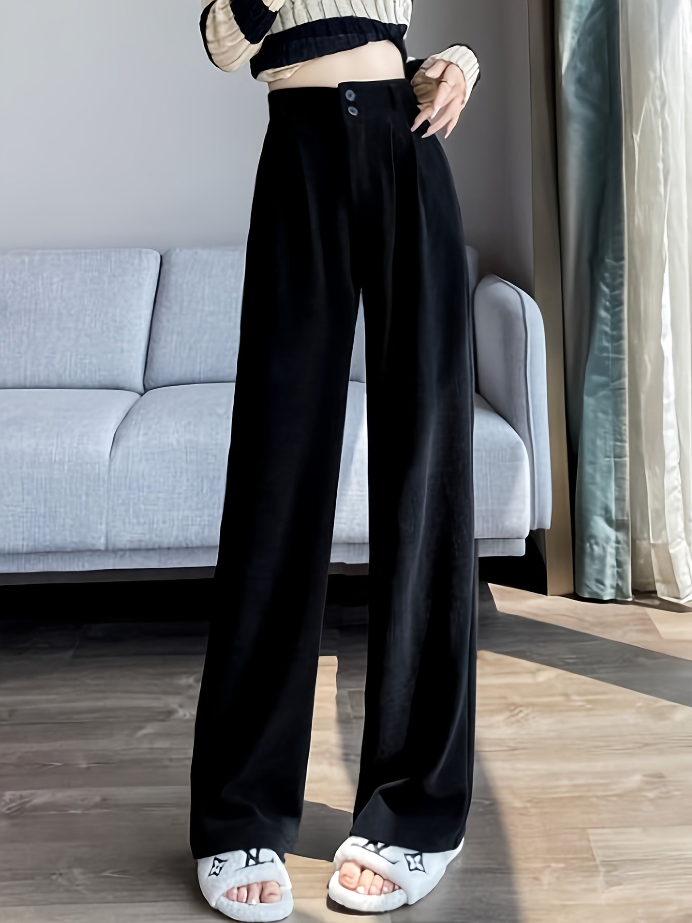 Pantalon Femme Jambe Large – Élégant, Taille Haute, Tissu Non Extensible, Bureau et Décontracté, Automne/Hiver