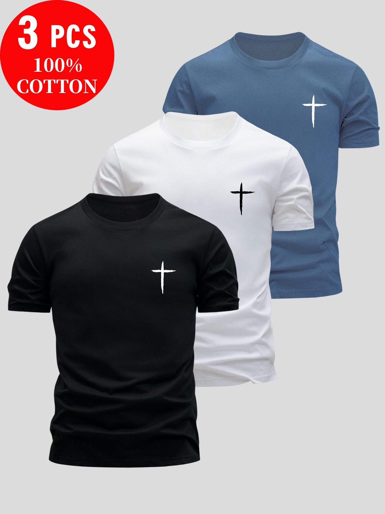 3pcs Men'S 100% Cotton Slim Fit T-Shirts - Breathable Round Neck Short Sleeve Tops with Cross Design, Lightweight & Moisture-Wicking for Summer Casual Wear, Everyday Tshirt | Minimalist Design | Breathable Fabric, Sweat-Resis