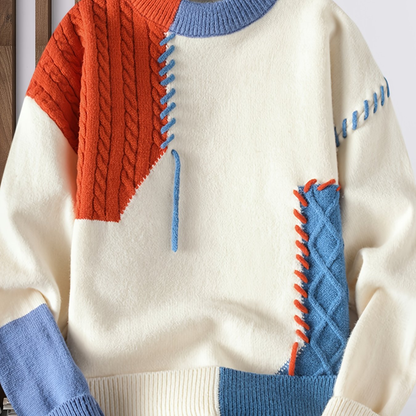 Men'S Korean Style Round Neck Sweater, Youth Fashion Patchwork Ribbed Thickened Warm Knit Shirt, Autumn and Winter New Color Block Casual Base Layer 668