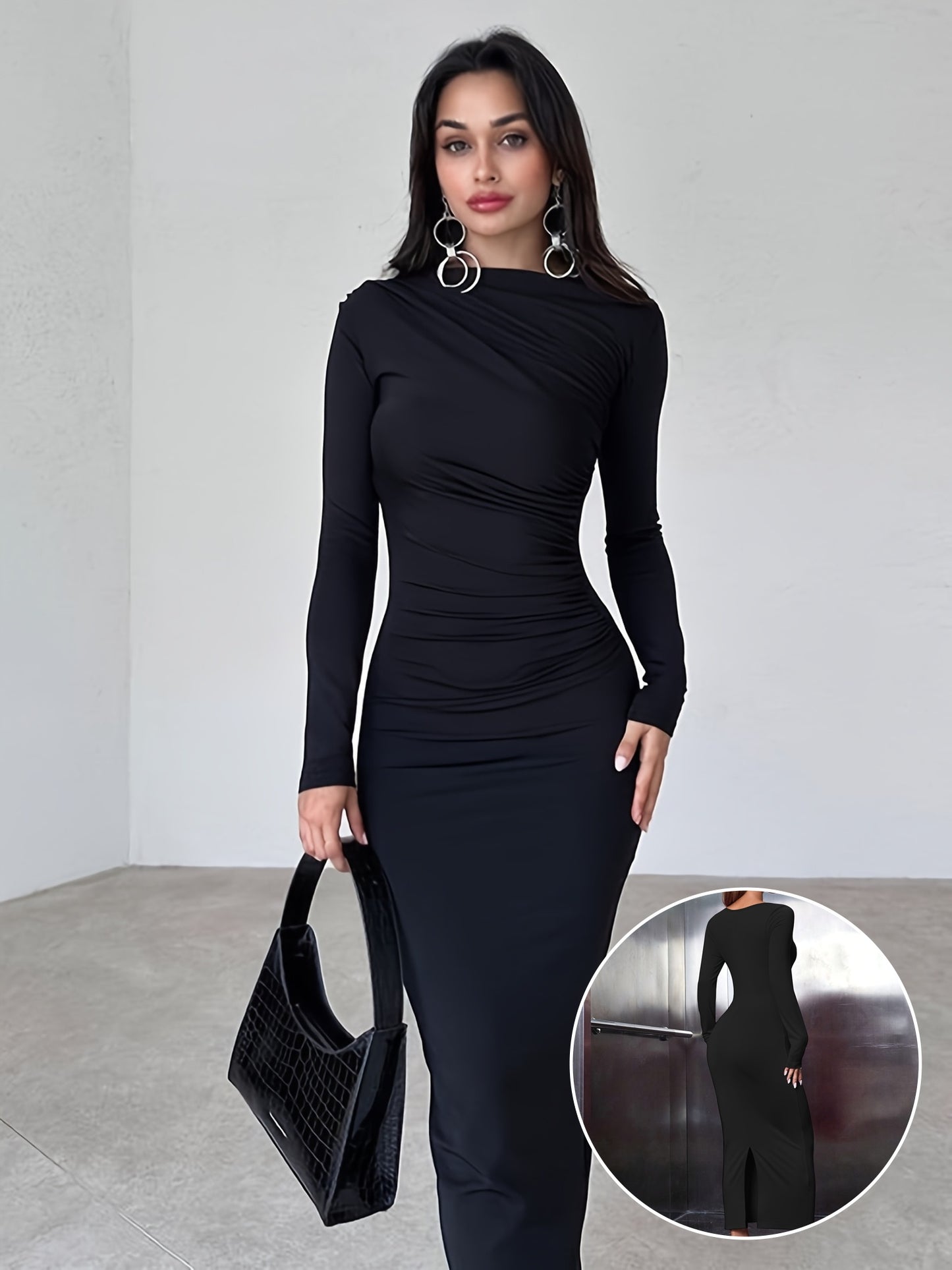 Robe Noire Élégante Manches Longues – Moulante, Détail Froncé et Fente, Style Crayon, Femme, Polyvalente Toutes Saisons, Tenue Élégante