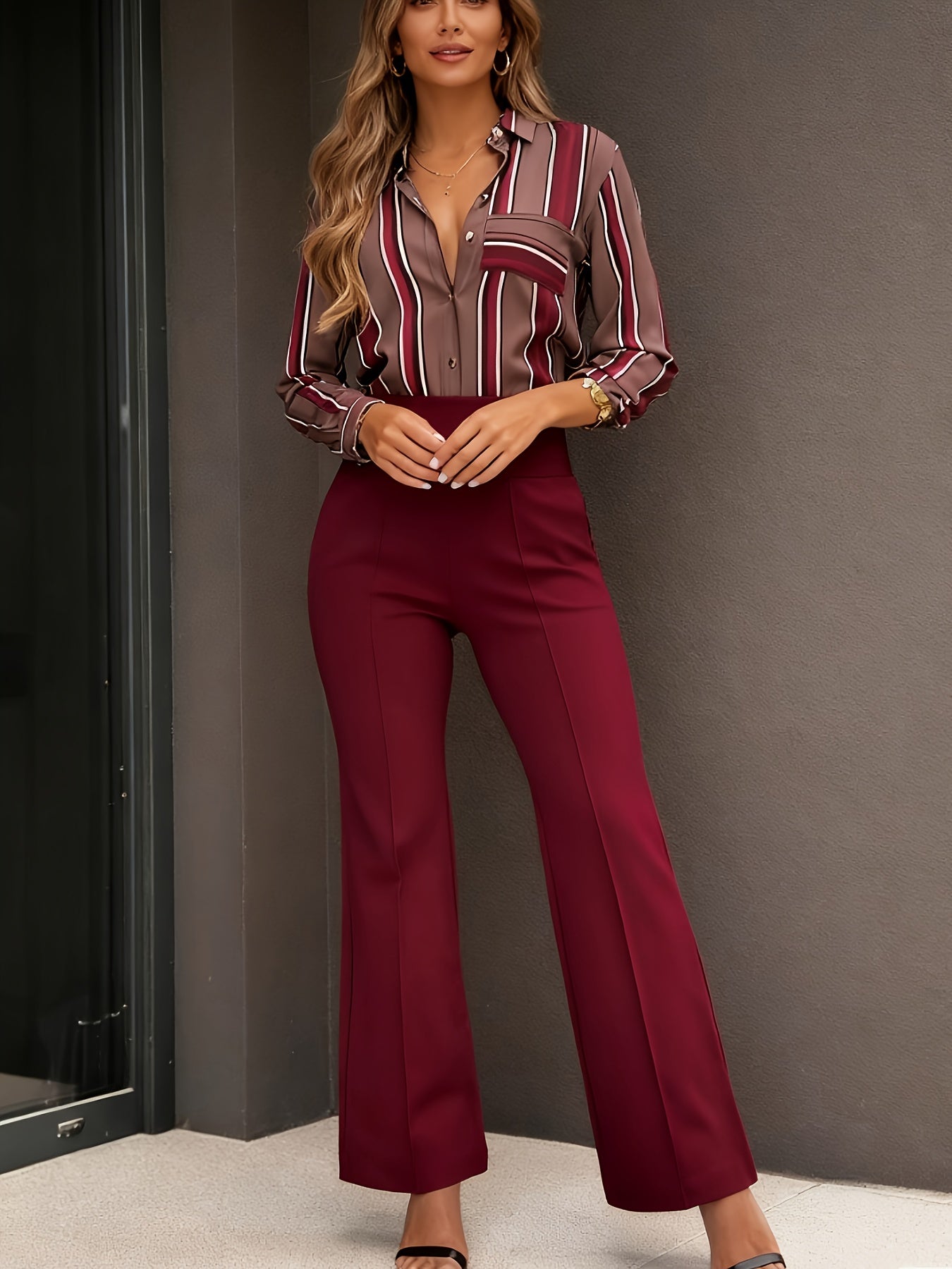 Pantalon Femme Bordeaux Taille Haute – Jambe Évasée, Longueur Cheville, Rayures Verticales, Tous Saisons, Bureau et Décontracté