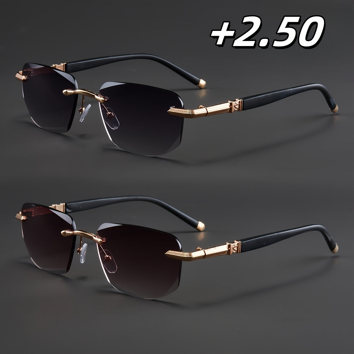 Two Pairs, Bundled Set, Stylish, Men'S, Exquisite, Luxurious, Rimless, Beveled Edge, Reading Glasses, Metal Frame, Options: 100, 150, 200, 250, 300, 350, And 400 Degrees, Without Battery, Christmas Gifts