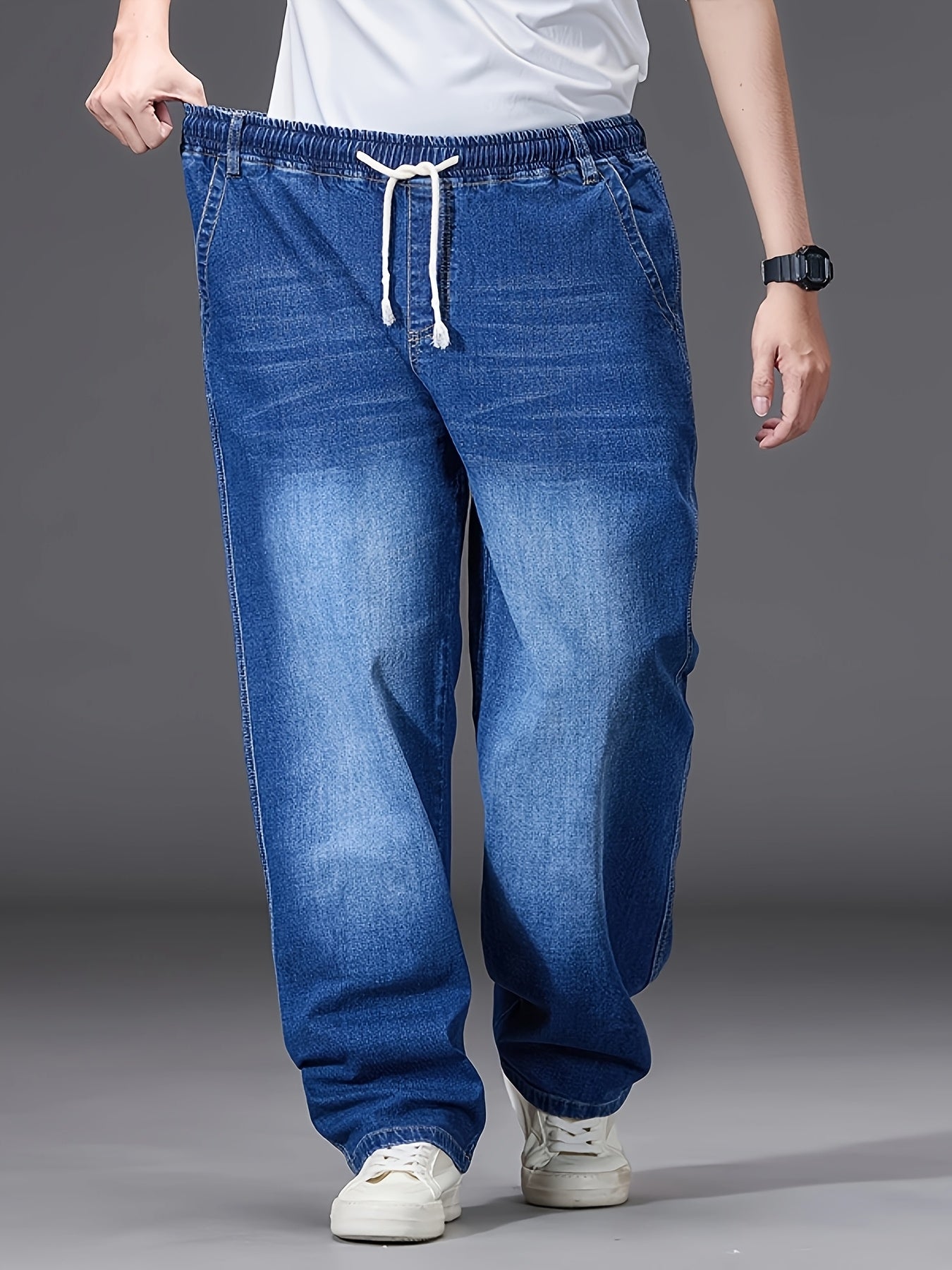 Jeans grande taille pour homme – bleu clair, coupe droite ample, taille élastique, style décontracté, confortable et stylé