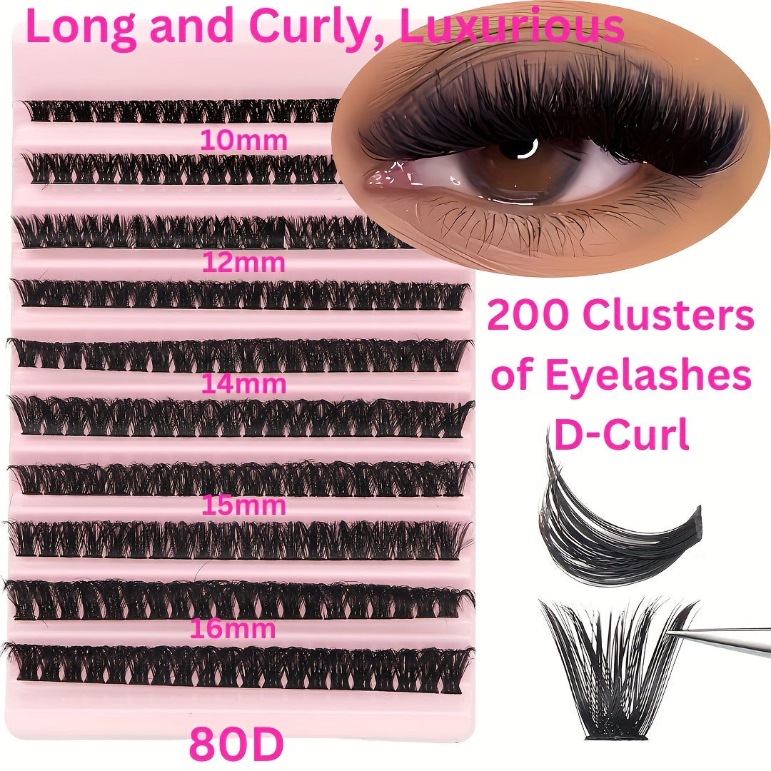 Kit d'extensions de cils 200 pièces | Comprend 120 cils naturels confort de 8 à 16 mm, épaisseur 0,07 mm, courbure C/D, longueur 10 à 18 mm, styles poupée et yeux, réutilisables pour débutantes