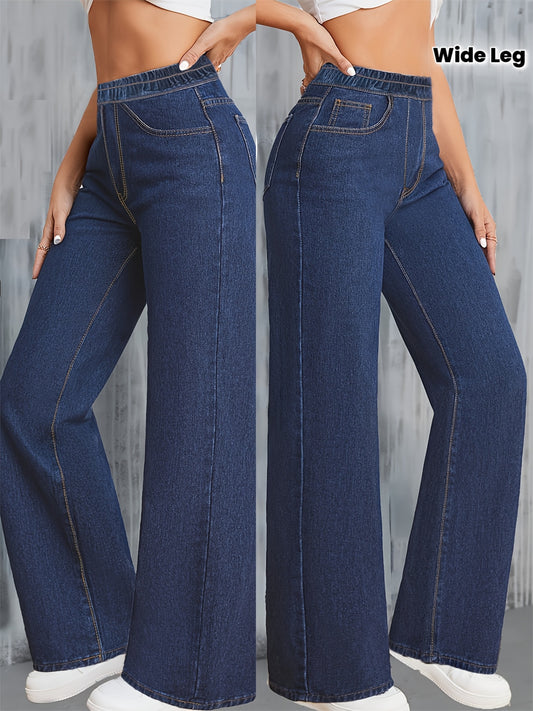 Jeans Femme Taille Haute Jambe Large Extensible Élégant Jambe Droite Poches Ceinture Denim Effet Lavé Toute Saison Décontracté Bureau Voyage