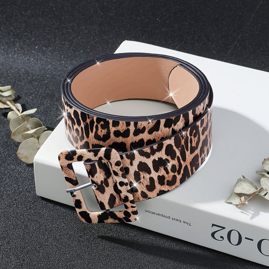 Ceinture tendance à imprimé léopard pour femmes – Boucle carrée ajustable, accessoire vintage polyvalent pour tenues décontractées, fêtes ou usage quotidien