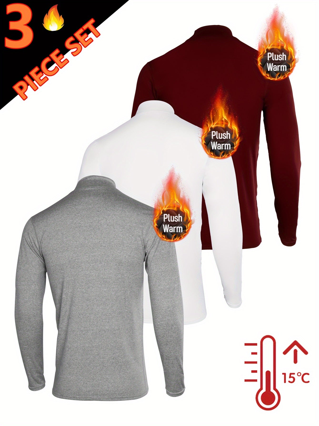 3pcs Sous-Vêtements Thermiques Homme – Col Montant Manches Longues