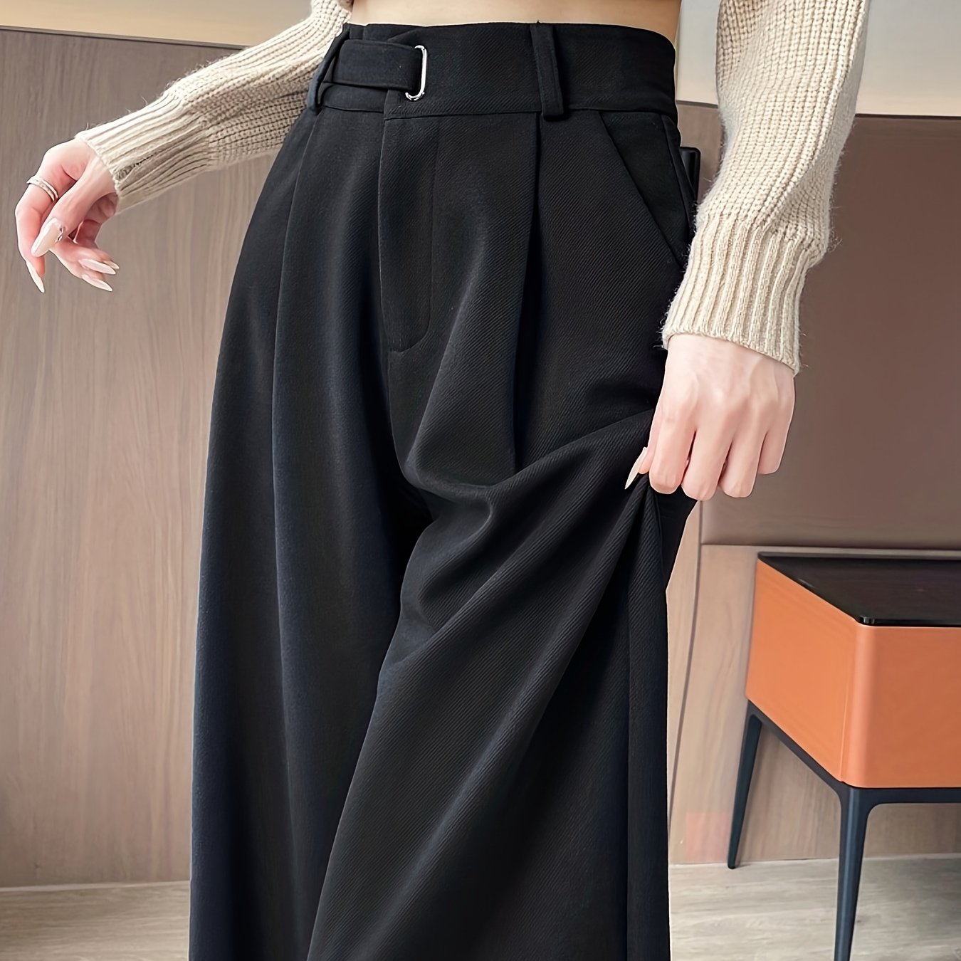 Pantalon Femme en Tweed – Gris, Taille Haute, Jambe Droite, Automne/Hiver, Sans Ceinture