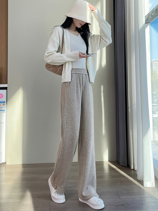 Pantalon Femme Taille Haute – Jambe Large, Poches, Taille Élastique, Confortable et Décontracté, Bureau et Quotidien