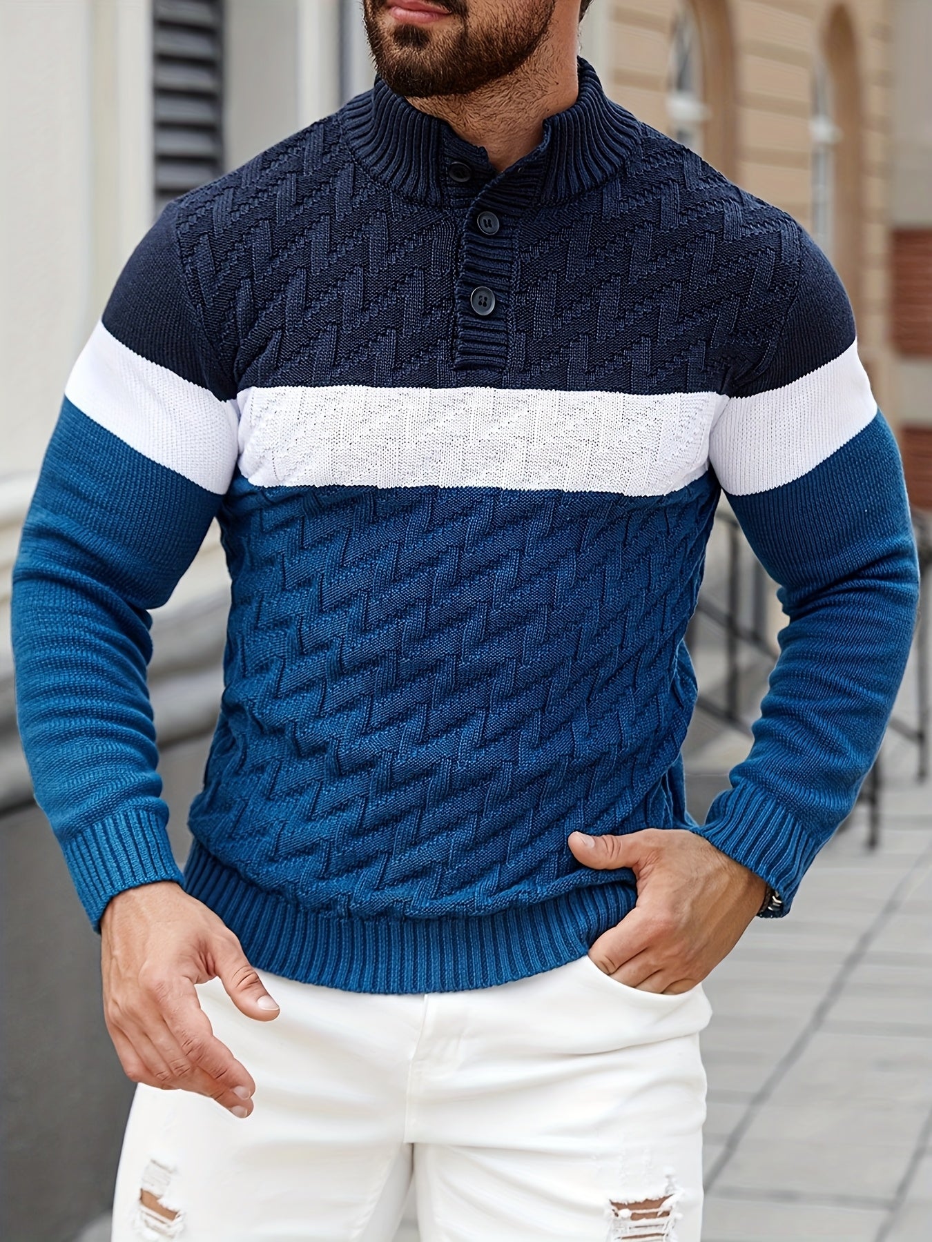Men'S Casual Stand Collar Pullover Sweater - Stylish Quarter Button Geometric Knit Design, Long Sleeve, Regular Fit for Fall/Winter