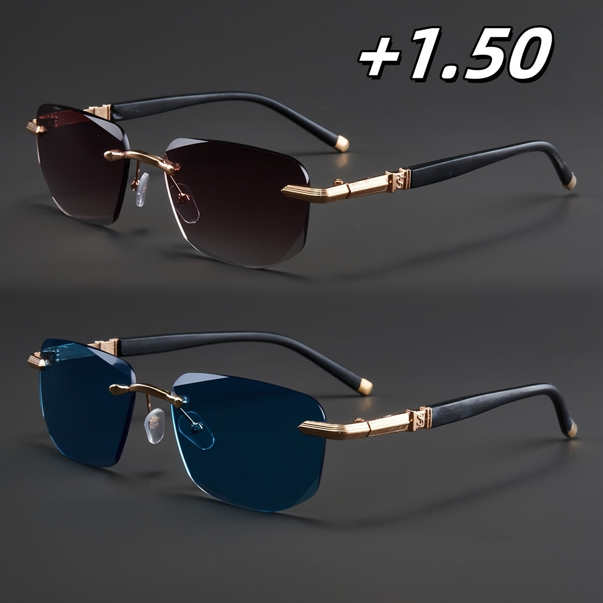 Two Pairs, Bundled Set, Stylish, Men'S, Exquisite, Luxurious, Rimless, Beveled Edge, Reading Glasses, Metal Frame, Options: 100, 150, 200, 250, 300, 350, And 400 Degrees, Without Battery, Christmas Gifts