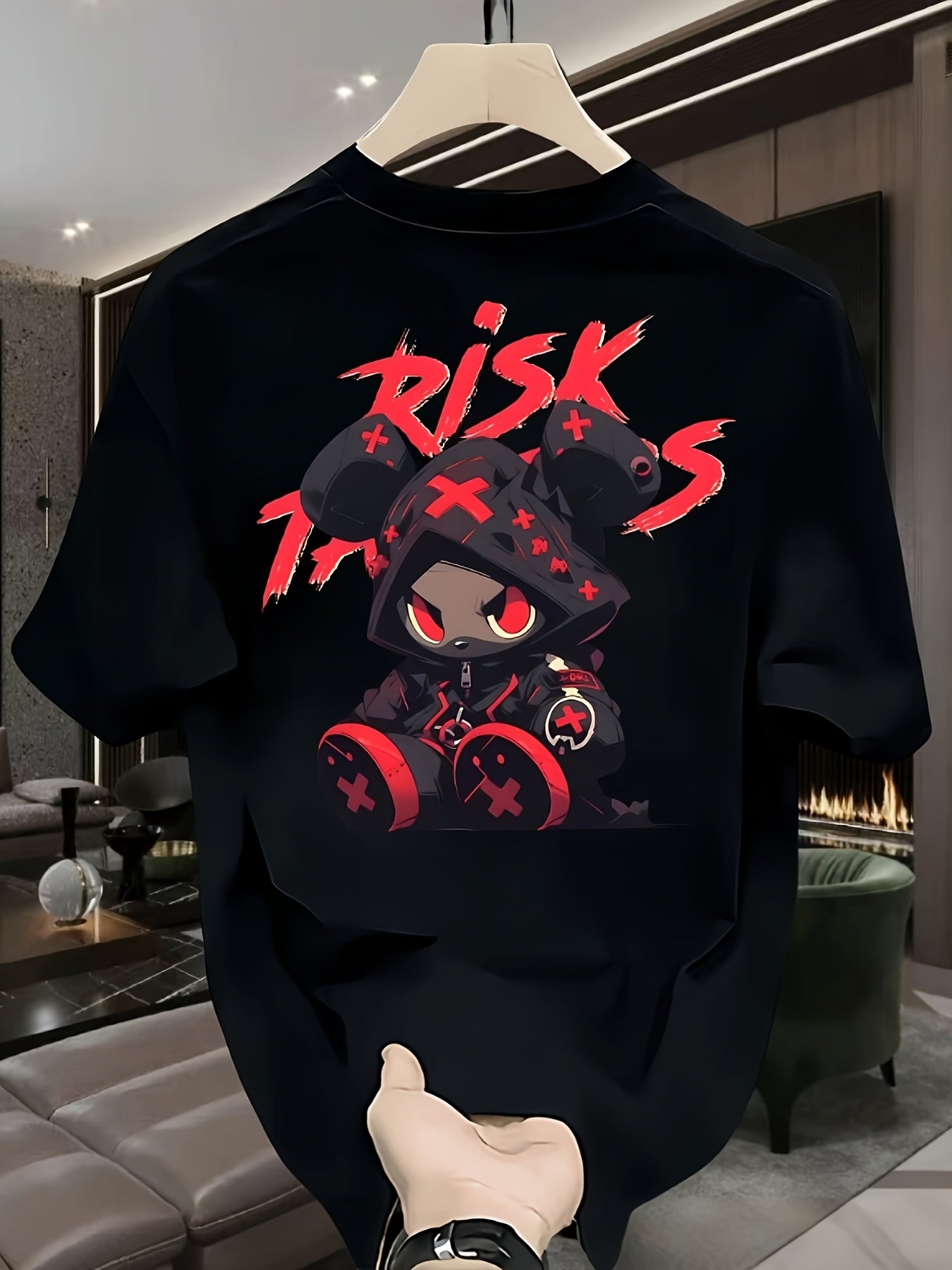 Men's Heavyweight 100% Cotton Oversized T-Shirt with RISK & Japanese Anime Graphic Print - Black & Red Gaming Design, Casual Summer Tee for Anime Fans, Large Size Loose Fit, Machine Washable, Ideal for Valentine's Day, Father