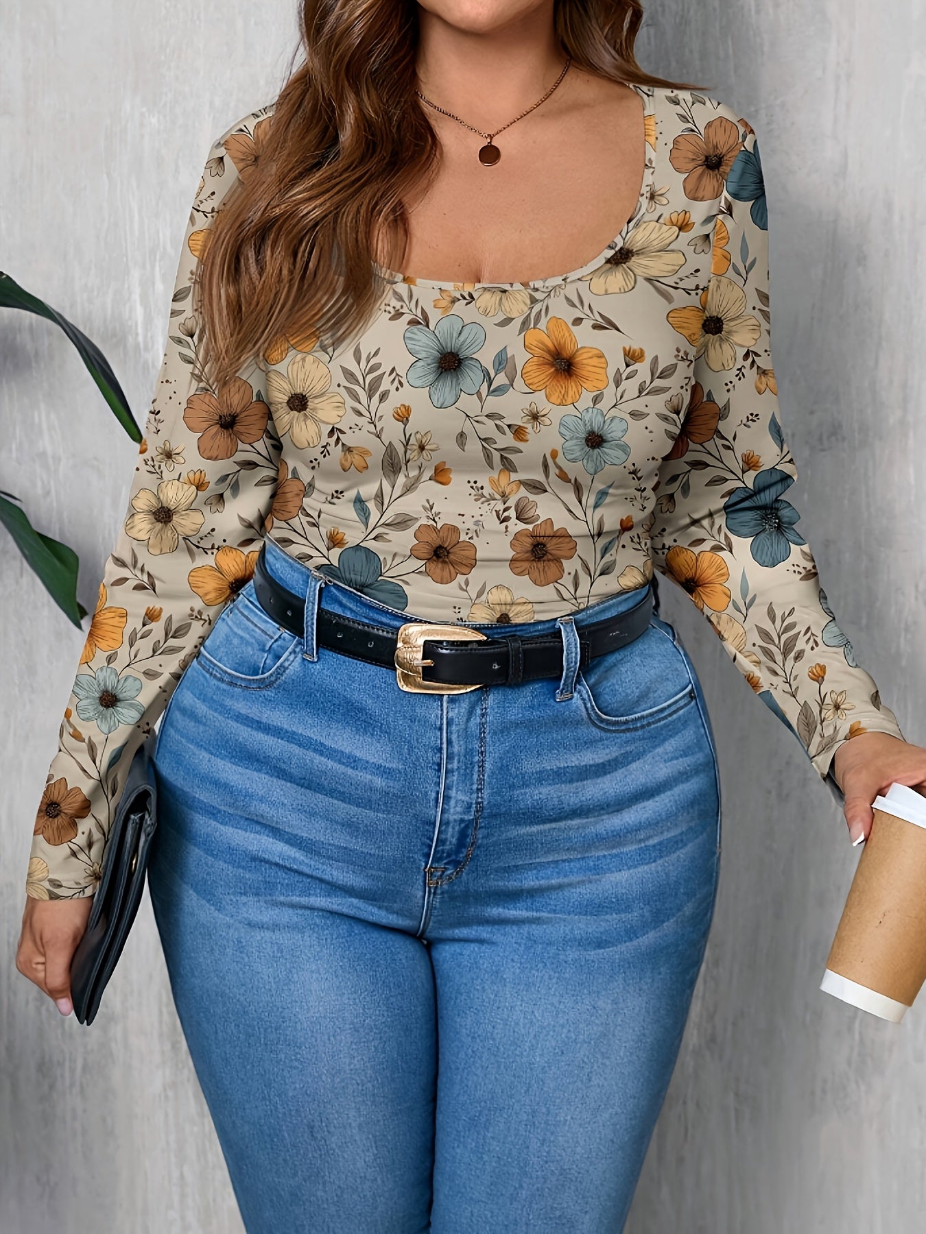T-shirt grande taille pour femmes, col carré, imprimé floral, tissu extensible, toutes saisons, tenues décontractées ou formelles