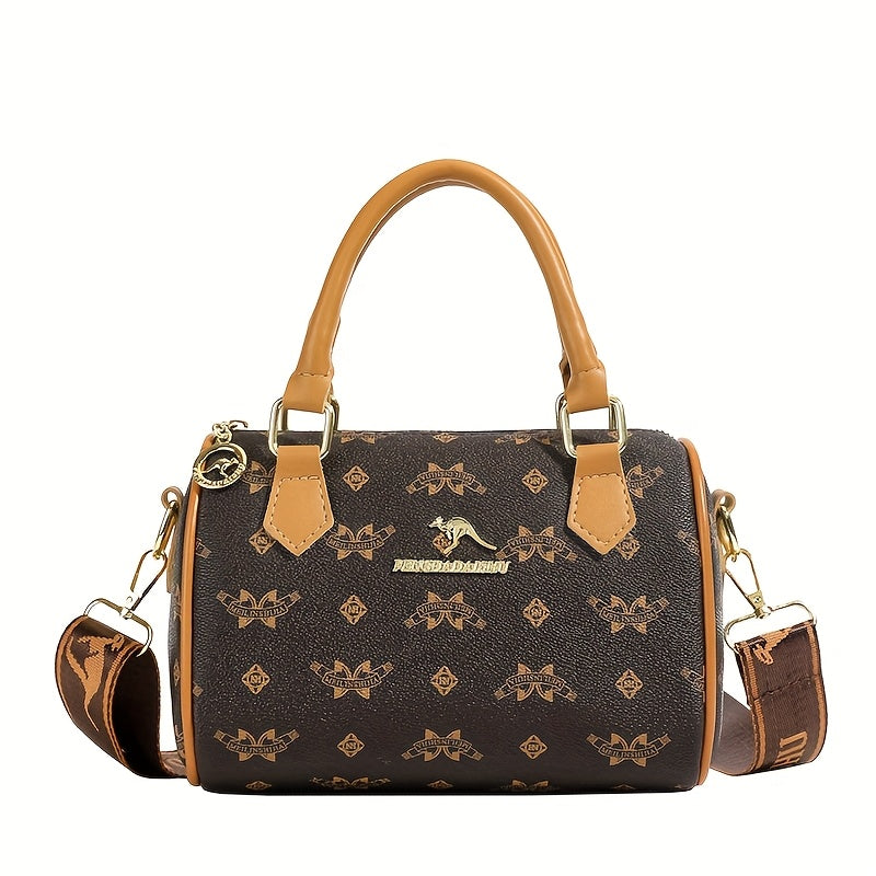 Sac vintage géométrique – sac élégant bicolore marron et blanc, bandoulière réglable, fermeture éclair, design rétro chic