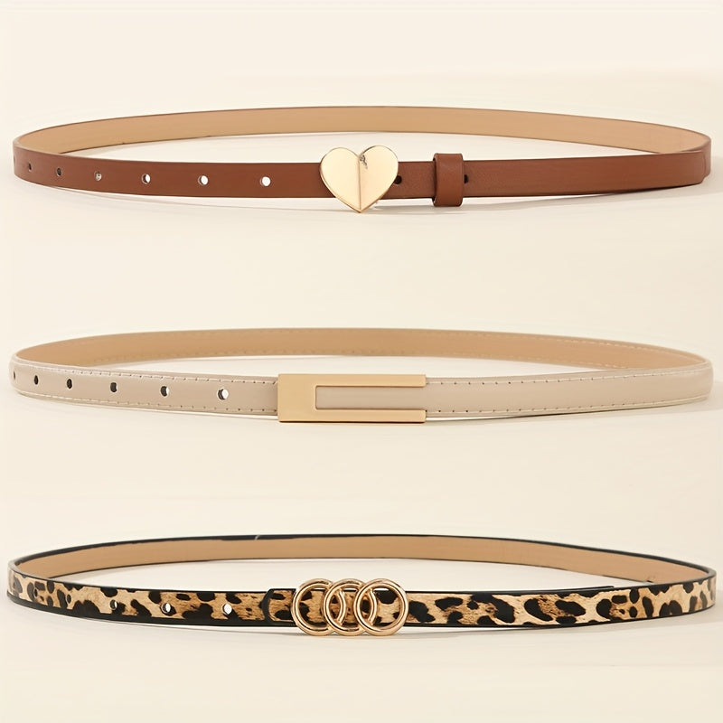 Lot de 3 ceintures pour femmes – Style preppy décontracté, imprimé léopard avec cœur, simple, matériaux non textiles, taille moyenne, sans plumes, instructions d’entretien : ne pas laver, pour jupe, jeans, déplacements quotidiens