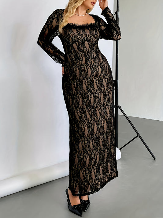 Robe de soirée en dentelle élégante grande taille femme – manches longues, col carré, coupe A-line maxi, bordure en dentelle, pour soirées, mariages et événements formels, lavable en machine, automne/hiver