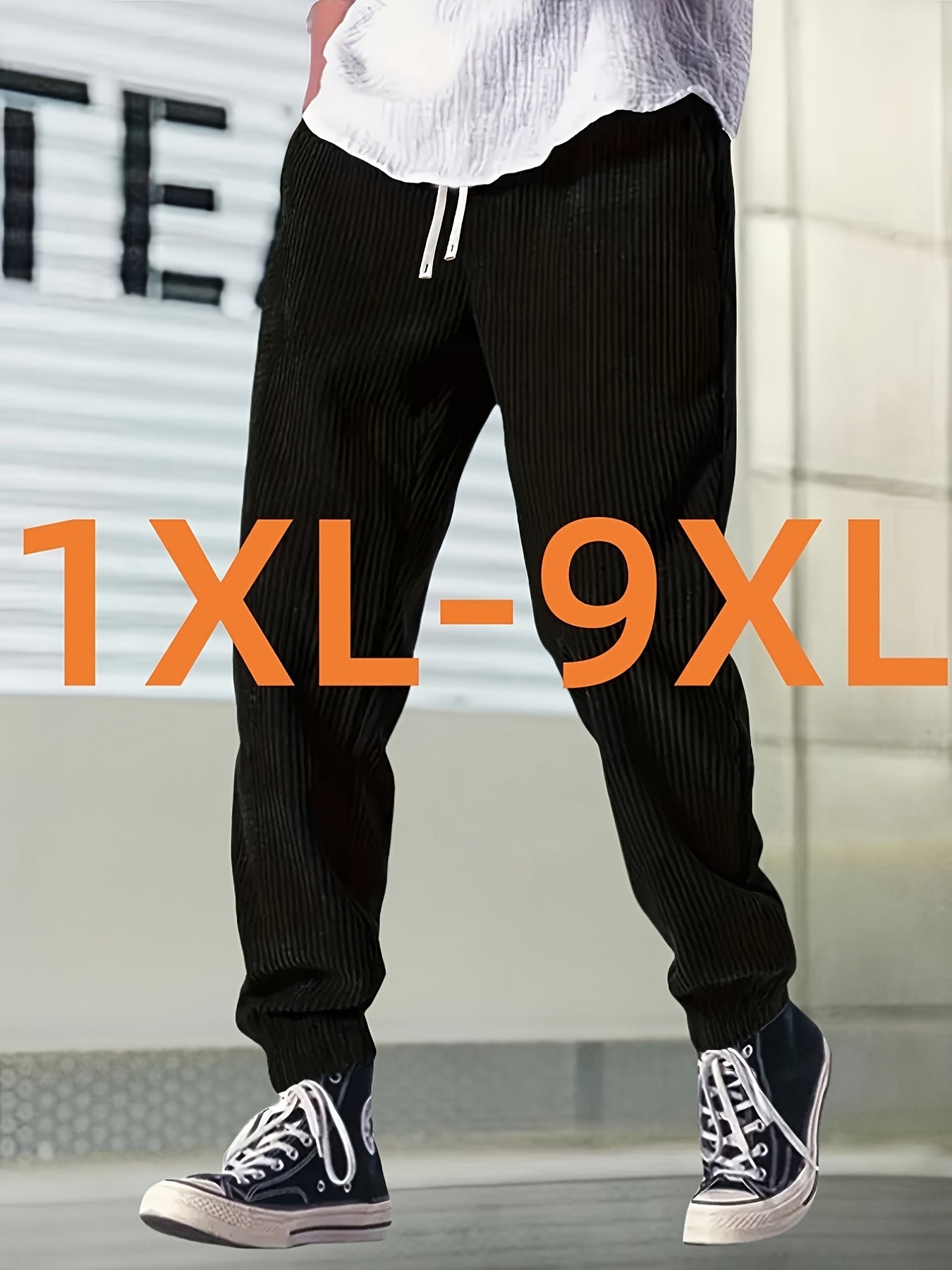 Joggers en velours côtelé grande taille pour homme – coupe décontractée, taille élastique à cordon, poches latérales, confortables pour tenue décontractée, sneakers hautes assorties