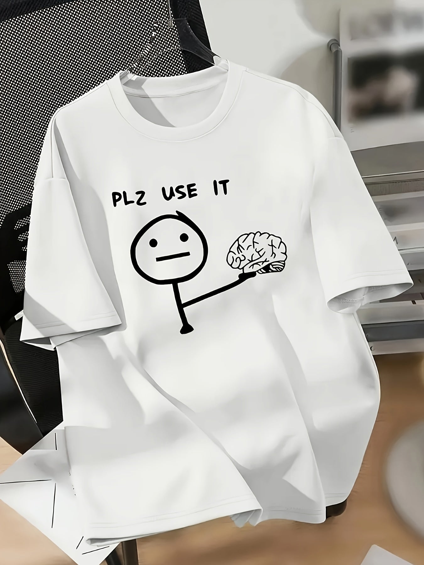 Men'S Funny Graphic T-Shirt - "PLZ USE IT" with Stick Figure & Brain Design - Royal Blue Crew Neck Tee - Lightweight Summer Shirt for Everyday Casual Wear - Funny Conversation Starter Apparel for Men, Humorous Clothing, Playf