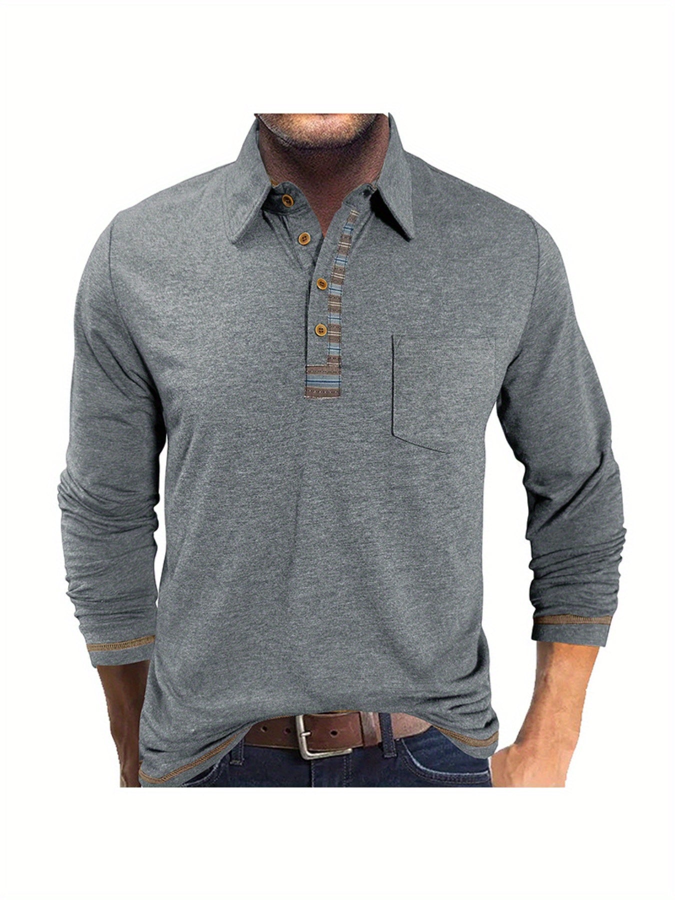 Plus Size Men's Retro Casual Shirt - Long Sleeve Button-Up with Color Block Detailing, Machine Washable Spring/Fall Top for Casual Attire, PLUS SIZE