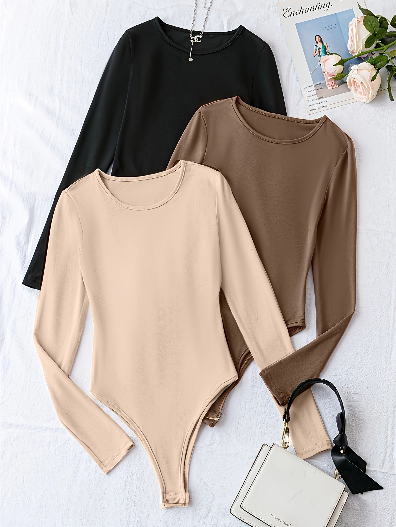 Body chic femme couleur unie, haute extensibilité, col rond, manches longues, parfait pour printemps, été et automne, lavable en machine